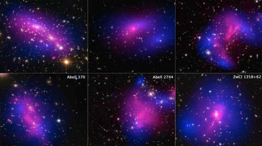 Rozmieszczenie ciemnej materii (na niebiesko) w sześciu gromadach galaktyk
