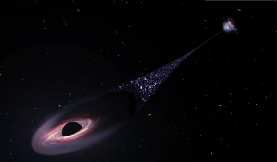 Czarna dziura wyrzucona z własnej galaktyki ciągnie za sobą korowód gwiazd