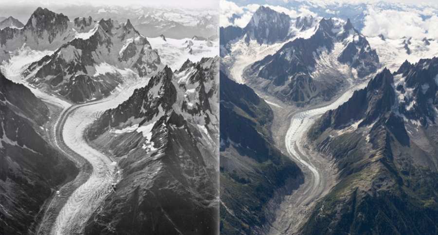 Zdjęcia lotnicze pokazują 100 lat utraty lodu w masywie Mont Blanc