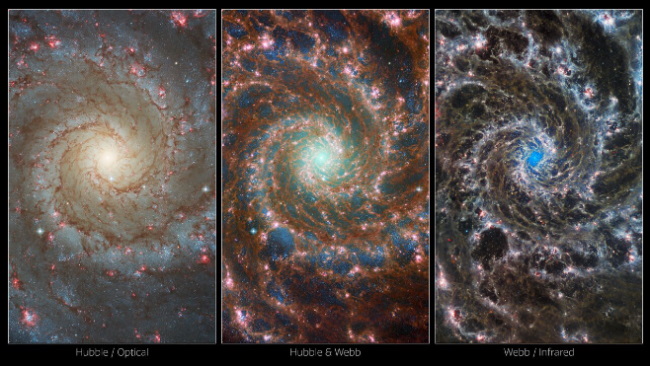Obrazy galaktyki Messier 74 z teleskopu Hubble'a, teleskopu Webba oraz z danych z obu obserwatoriów