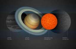 Porównanie rozmiarów Jowisza, Saturna, gwiazdy EBLM J0555-57Ab oraz TRAPPIST-1